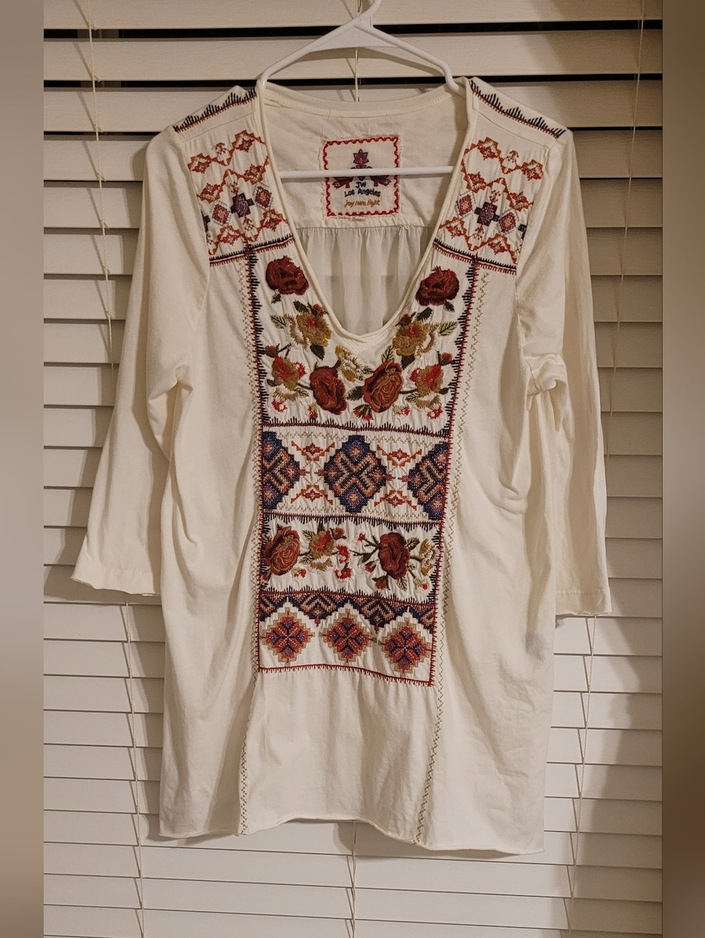 Johnny Was Floral Embroidered V-Neck Tunic Ivory- M - EUC
